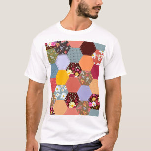 Farbenfrohes Sechseck-Blumen- Quiltmuster T-Shirt