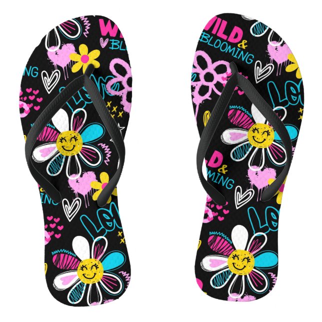 Farbenfrohes Smiley-Blumen-Graffiti-Muster Flip Flops (Fußbett)