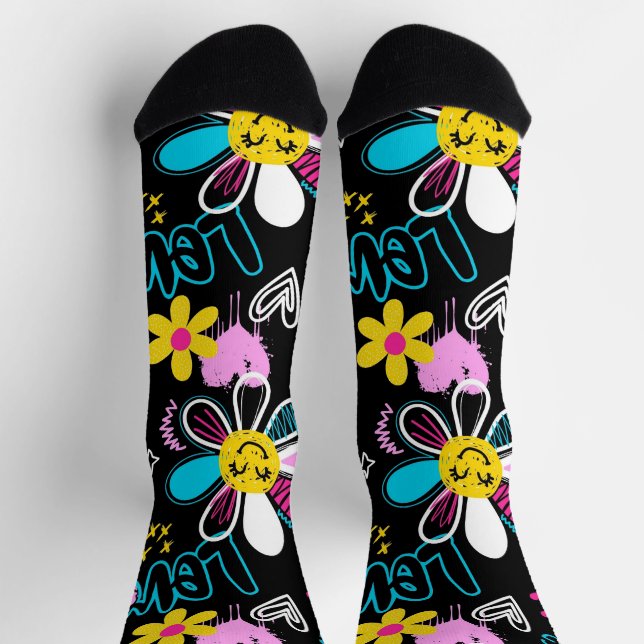 Farbenfrohes Smiley-Blumen-Graffiti-Muster  Socken (Oben)