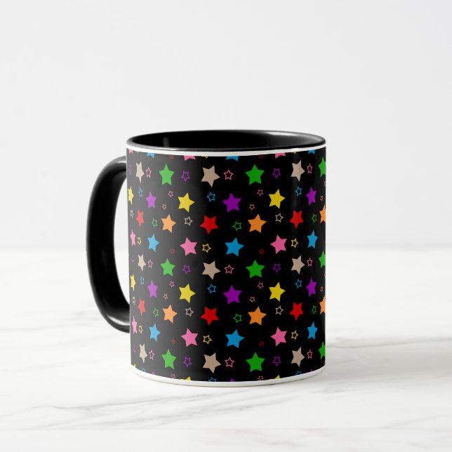Farbenfrohes Sterne-Muster-Design Schwarz  Tasse (Vorderseite Links)