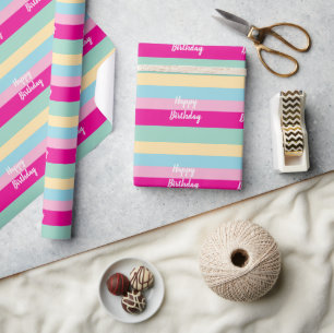 Farbenfrohes Streifenmuster Frohe Geburtstag Flat Geschenkpapier