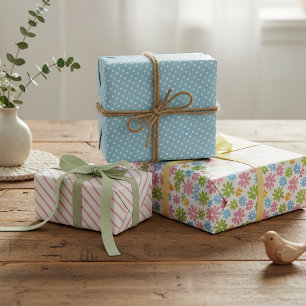 Farbenfrohes süßes Retro-Frühlingsblumen-Kunstmust Geschenkpapier Set