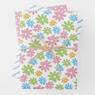 Farbenfrohes süßes Retro-Frühlingsblumen-Kunstmust Geschenkpapier Set