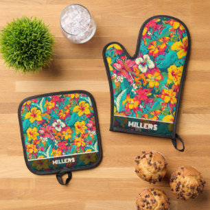 Farbenfrohes tropisches Blumenmuster Ofenhandschuh & Topflappen-Set