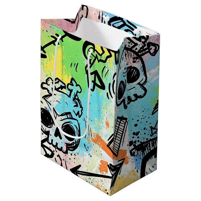 Farbenfrohes urbanes Graffiti-Muster (6) Mittlere Geschenktüte (Vorderseite Schrägansicht)