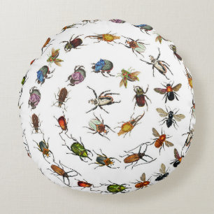 Farbenfrohes Vintage-Muster mit Käfern und Insekte Rundes Kissen