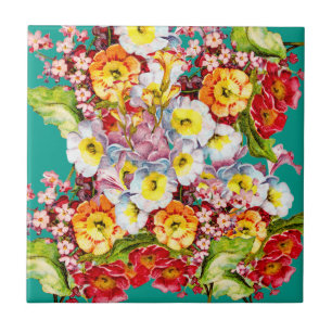Farbenfrohes Vintage-Primel-Blumen-Frühlingsmuster Fliese
