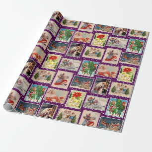 Farbenfrohes Vintage-Weihnachtspostkarten-Wrap-Pap Geschenkpapier