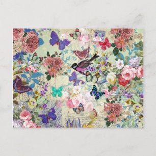 Farbenfrohes Vogel Schmetterlinge Vintage Blumenmu Postkarte