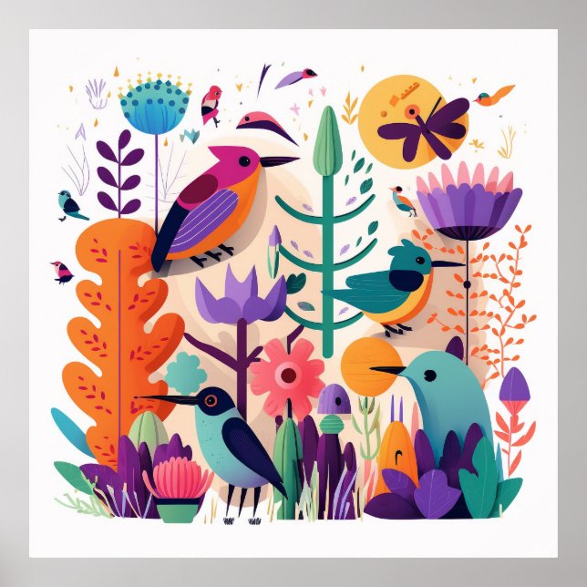 Farbenfrohes Vogelposter Kinderzimmerposter, cute Poster (Vorne)
