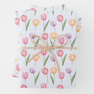 Farbenfrohes Wasserfarben-Tulpen-Blumenmuster Geschenkpapier Set