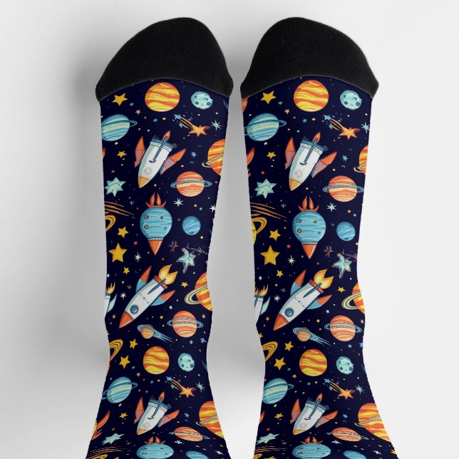 Farbenfrohes Weltraum-Explorationsmuster Socken (Oben)