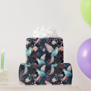 Farbenfrohes Winter-Kolibri- und Blumenmuster Geschenkpapier