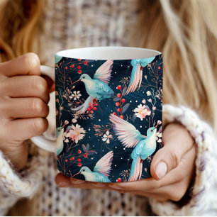 Farbenfrohes Winter-Kolibri- und Blumenmuster Kaffeetasse