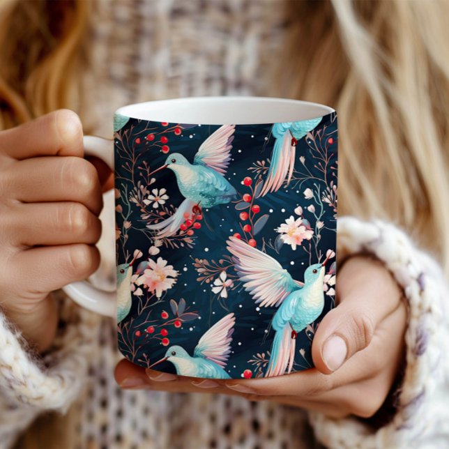 Farbenfrohes Winter-Kolibri- und Blumenmuster Kaffeetasse (Von Creator hochgeladen)