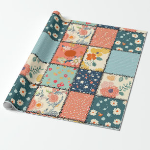 Farbenfroße florale Patchworkdecke mit spielerisch Geschenkpapier
