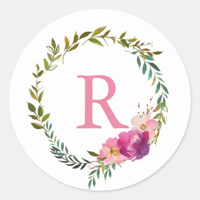 Farbenfrost und Blume Rosa Monogramm Runder Aufkleber (Vorderseite)