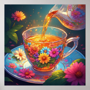 Farbenreiche Blumenteetasse mit aufgießendem Kräut Poster