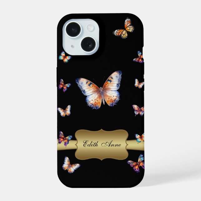 Farbenschmetterling Gold Custom Monogram iPhone 15 Hülle (Rückseite)