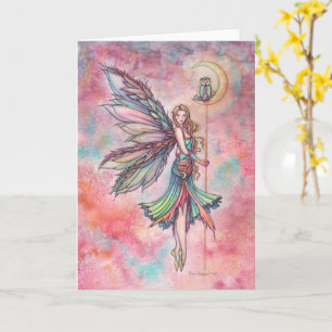 Farbenspiel Fee und Eule auf Mond Fantasy-Kunst Karte