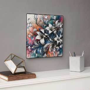 Farbenvolles Blumendesign mit weißen Lilien Quadratische Wanduhr