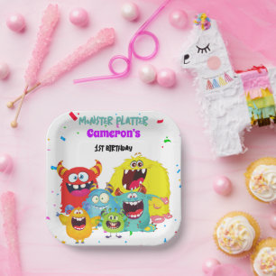 Farbenvolles Cute Fun Monster Geburtstagsparty Squ Pappteller