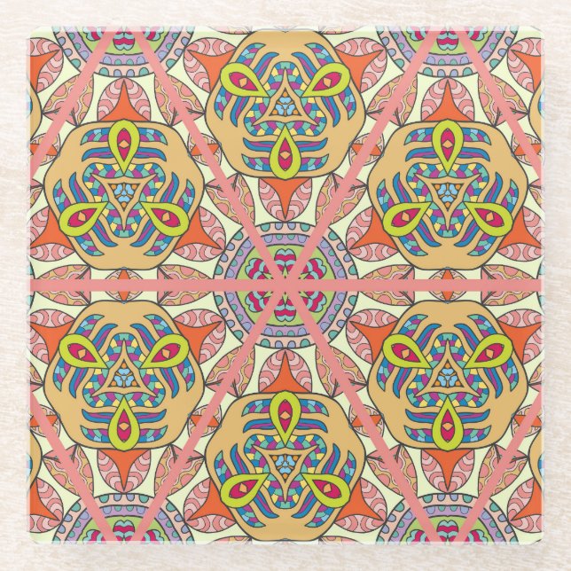 Farbenvolles Dreieck-Flickwerk, handgezeichnet Kun Glasuntersetzer (Vorderseite)