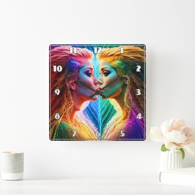 Farbenvolles Dualportrait von Frauen mit lebendige Quadratische Wanduhr (Zuhause)