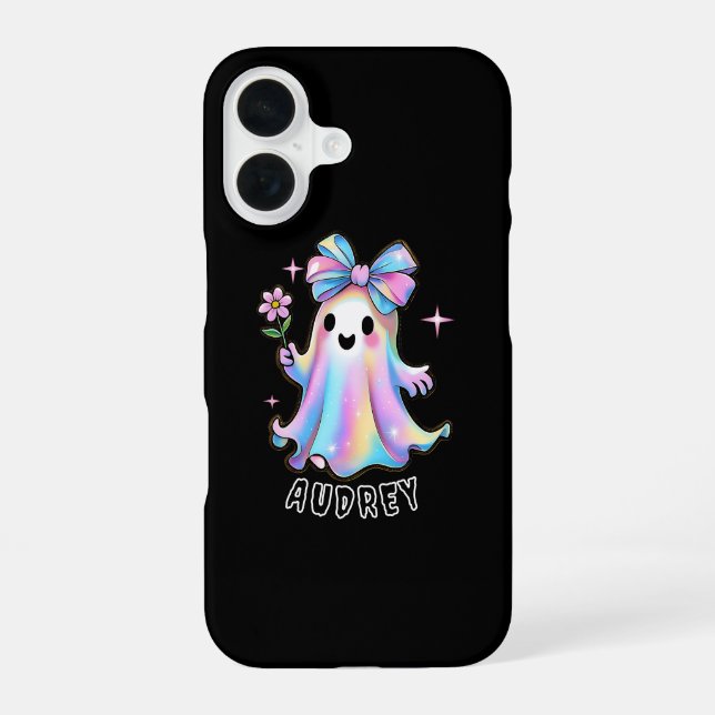 Farbenvolles Ghost-Design mit Bow und Blume iPhone 16 Hülle (Rückseite)