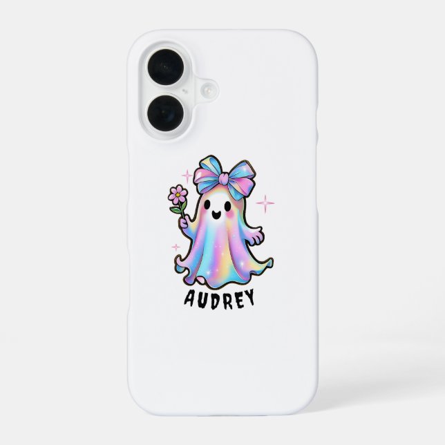 Farbenvolles Ghost-Design mit Bow und Blume iPhone 16 Hülle (Rückseite)