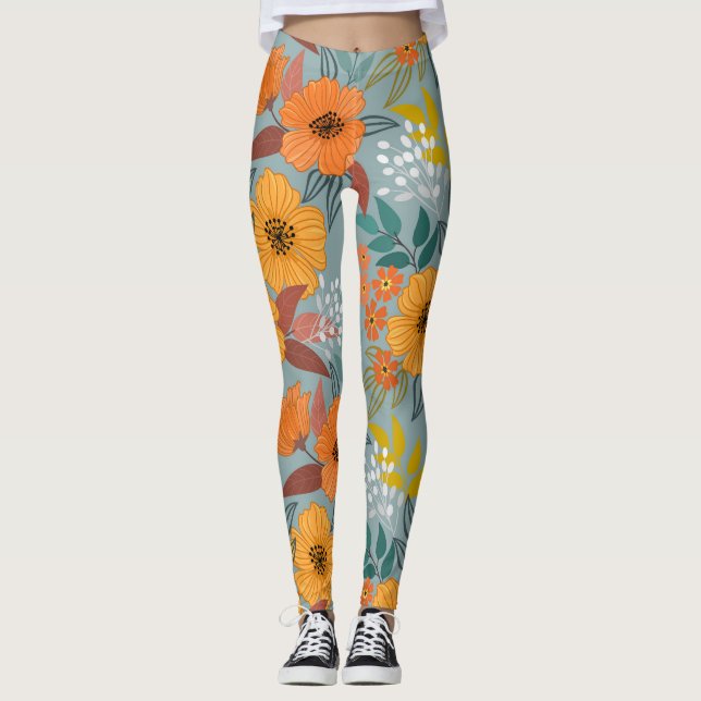 Farbenvolles, handgezeichnetes Blume-Muster Leggings (Vorderseite)