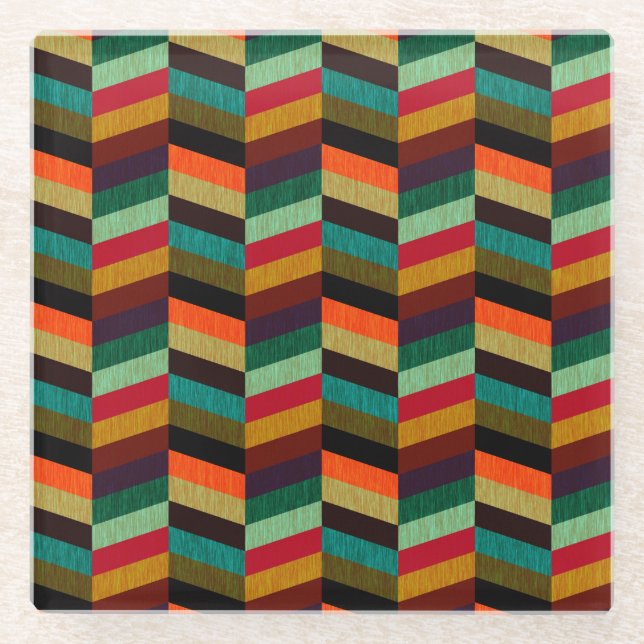 Farbenvolles, mehrfarbiges Herringbone-Muster Glasuntersetzer (Vorderseite)