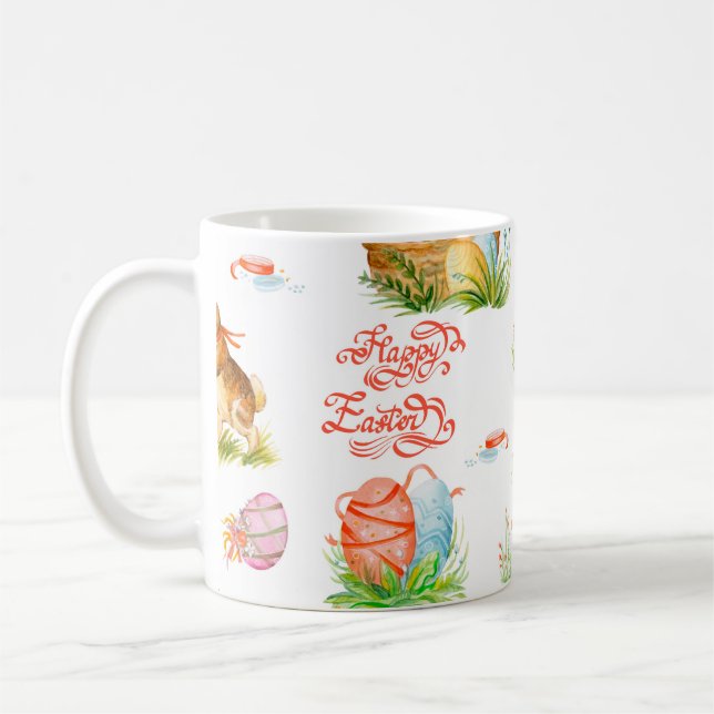 Farbenvolles nahtloses Muster mit Frühjahrs-Osterz Kaffeetasse (Links)