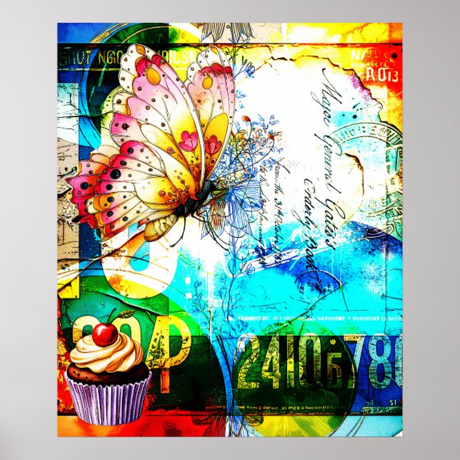 Farbexplosion Retro Schmetterling Collage Poster (Vorne)