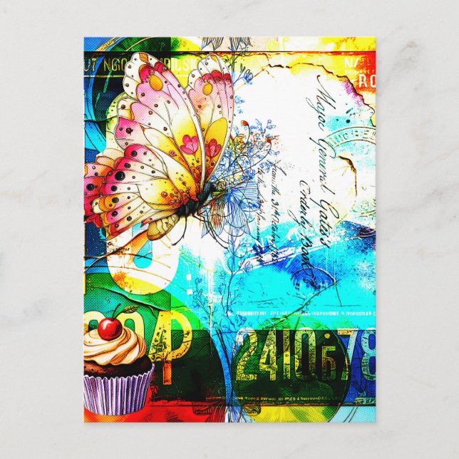 Farbexplosion Retro Schmetterling Collage Postkarte (Vorderseite)