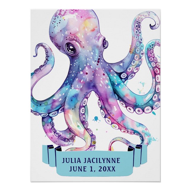 FARBFARBENES WASSERFARBENOCTOPUS MIT NAMEN Geburts Poster (Vorderseite)