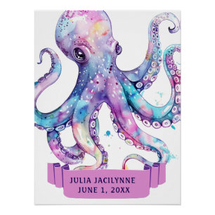 FARBFARBENES WASSERFARBENOCTOPUS MIT NAMEN Geburts Poster