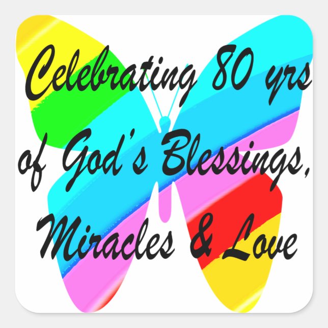 FARBFARBFLIEGEN 80. GEBURTSTAG QUADRATISCHER AUFKLEBER (Vorderseite)