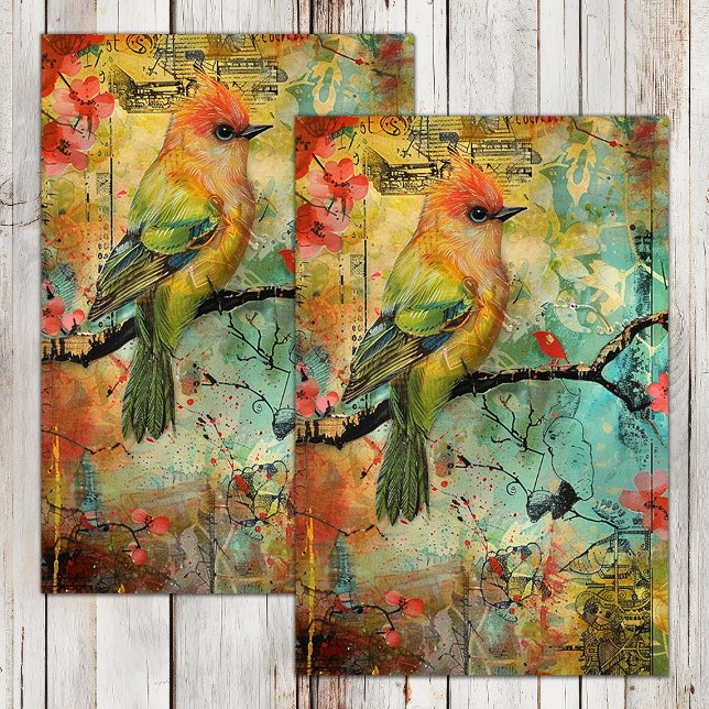 FARBFARBIGE GEMISCHTE MEDIA BIRD DECOUPAGE SEIDENPAPIER (COLORFUL MIXED MEDIA BIRD DECOUPAGE TISSUE PAPER)