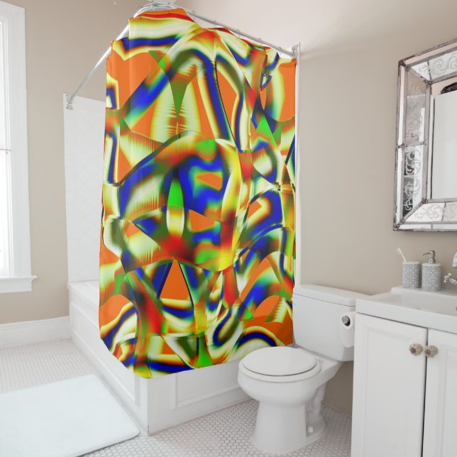 Farbflecken auf gewölbten, beigen Streifen Duschvorhang (Beispiel)