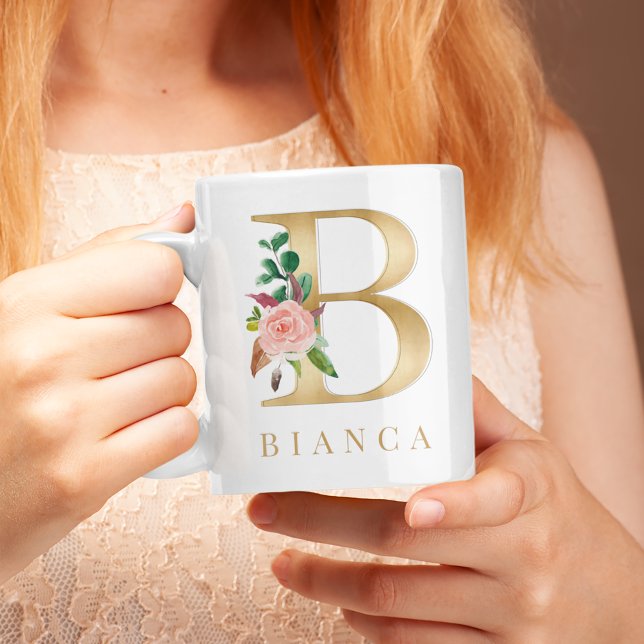 Farbflorale und goldene Buchstaben B Monogramm Kaffeetasse (Von Creator hochgeladen)