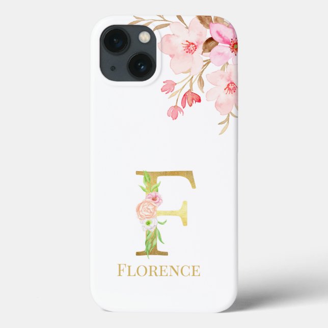 Farbflorale und goldene Buchstaben F Monogramm Case-Mate iPhone Hülle (Rückseite)