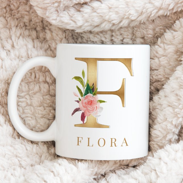 Farbflorale und goldene Buchstaben F Monogramm Kaffeetasse (Von Creator hochgeladen)