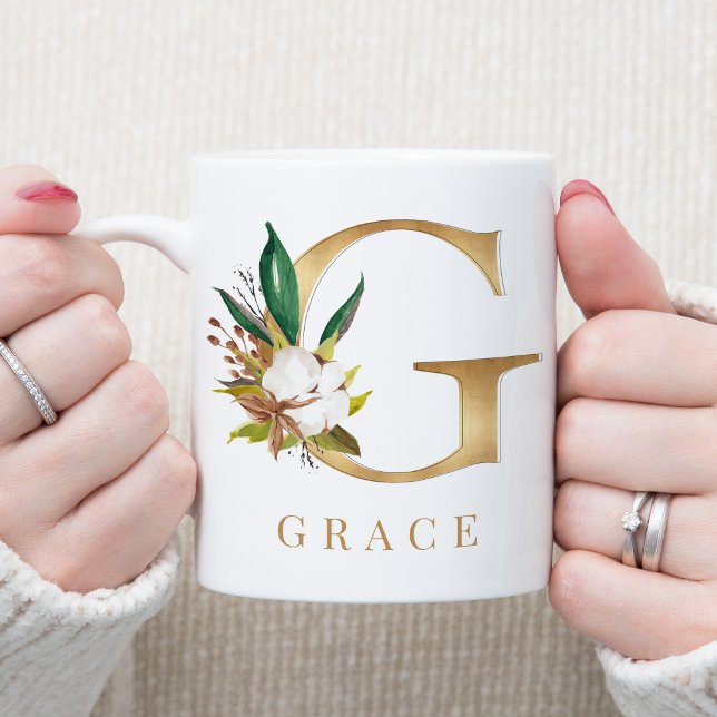 Farbflorale und goldene Buchstaben G Monogramm Kaffeetasse (Von Creator hochgeladen)