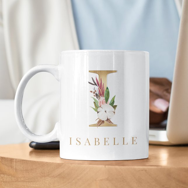 Farbflorale und goldene Buchstaben I Monogramm Kaffeetasse (Von Creator hochgeladen)