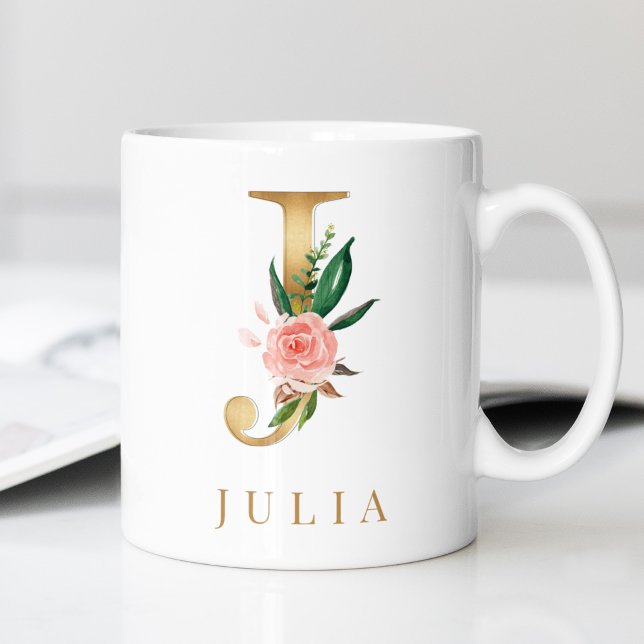 Farbflorale und goldene Buchstaben J Monogramm Kaffeetasse (Von Creator hochgeladen)