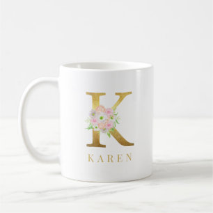 Farbflorale und goldene Buchstaben k Monogramm Kaffeetasse