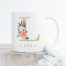 Farbflorale und goldene Buchstaben L Monogramm Kaffeetasse