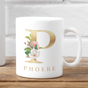 Farbflorale und goldene Buchstaben P Monogramm Kaffeetasse