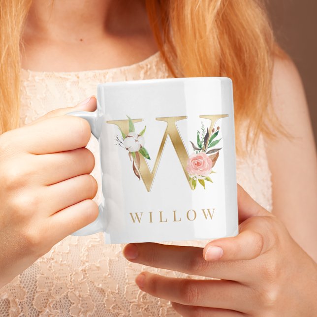 Farbflorale und goldene Buchstaben W Monogramm Kaffeetasse (Von Creator hochgeladen)